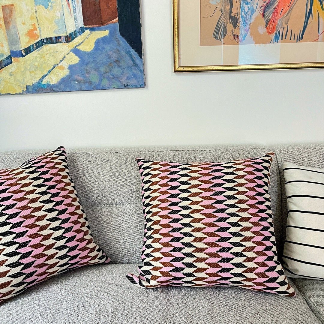 Handwoven Cotton Throw Pillow, 20" x 20" Pink &amp; Brown