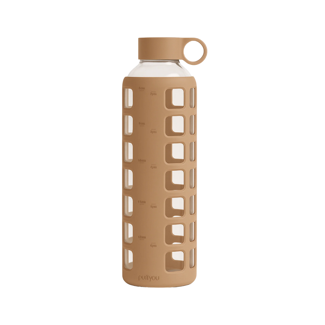 A tall reusable water bottle with a clear body, a tan screw-top lid with a loop handle, and a matching tan protective sleeve with square cutouts, shown on a plain white background.