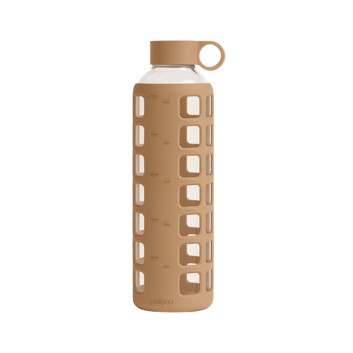 A tall reusable water bottle with a clear body, a tan screw-top lid with a loop handle, and a matching tan protective sleeve with square cutouts, shown on a plain white background.