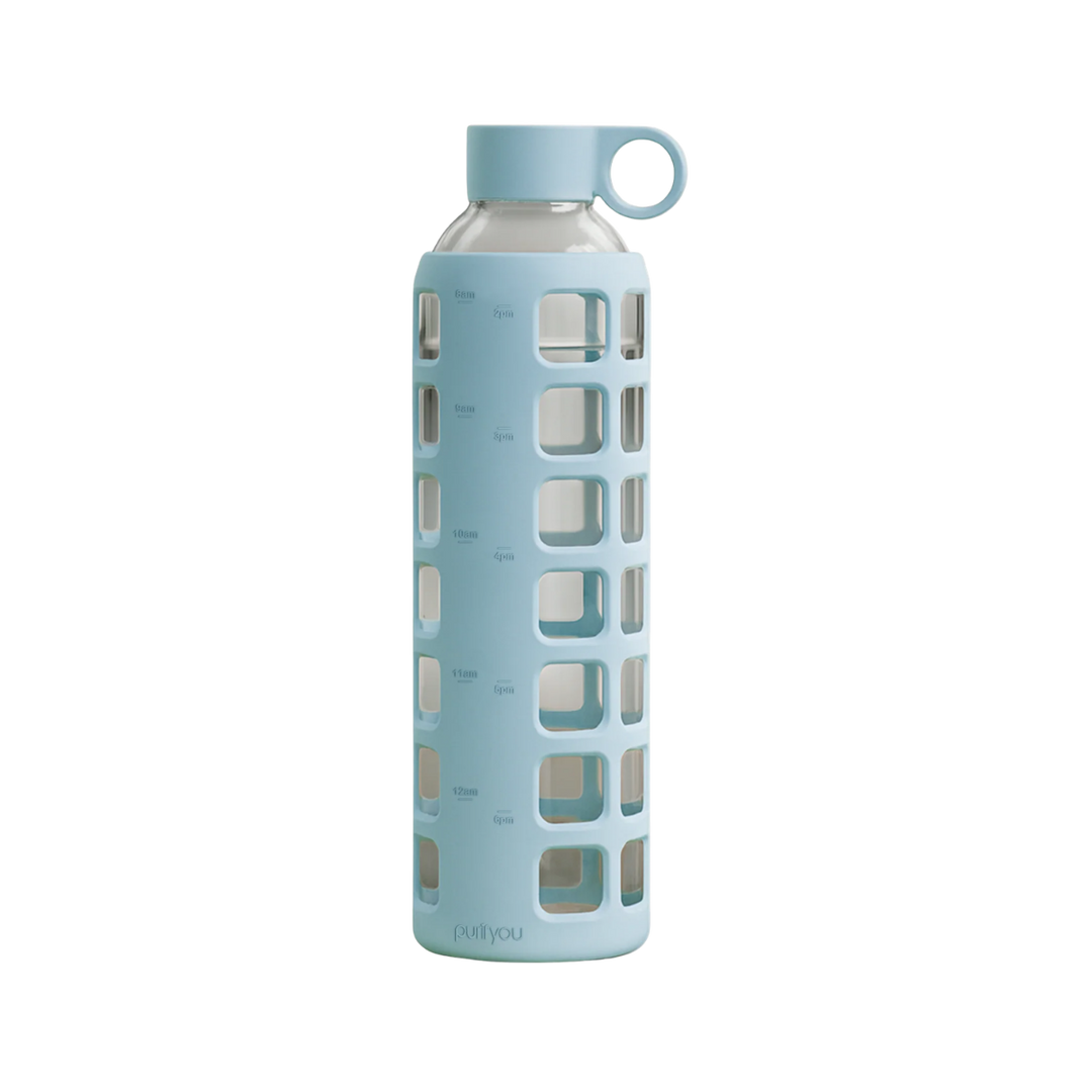 A light blue glass water bottle with a matching light blue protective sleeve featuring square cutouts and a loop handle on the cap, shown on a plain white background.