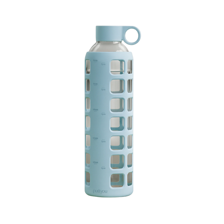 A light blue glass water bottle with a matching light blue protective sleeve featuring square cutouts and a loop handle on the cap, shown on a plain white background.