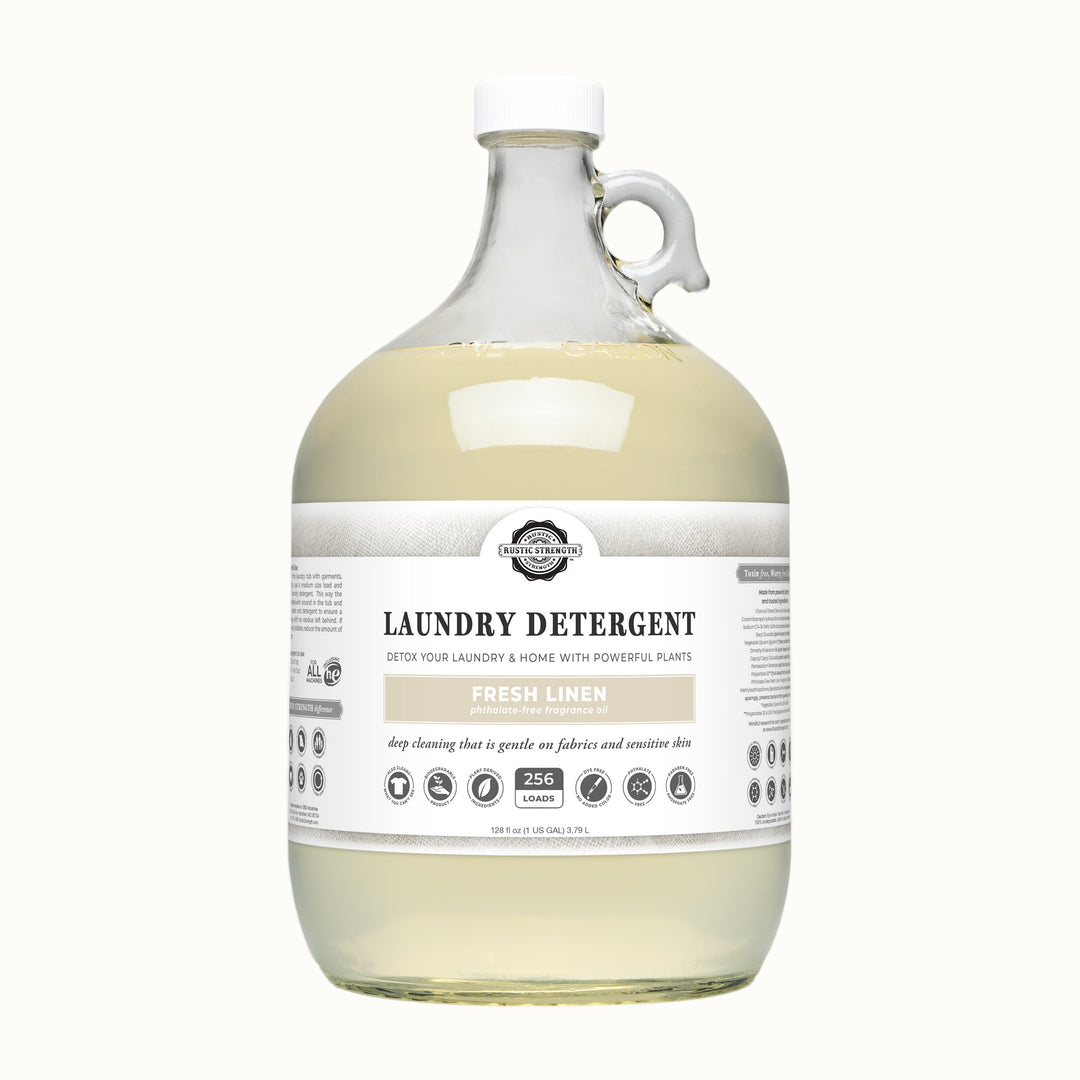 Large bottle of laundry detergent with a label on a white background