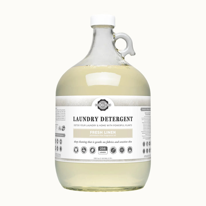 Large bottle of laundry detergent with a label on a white background