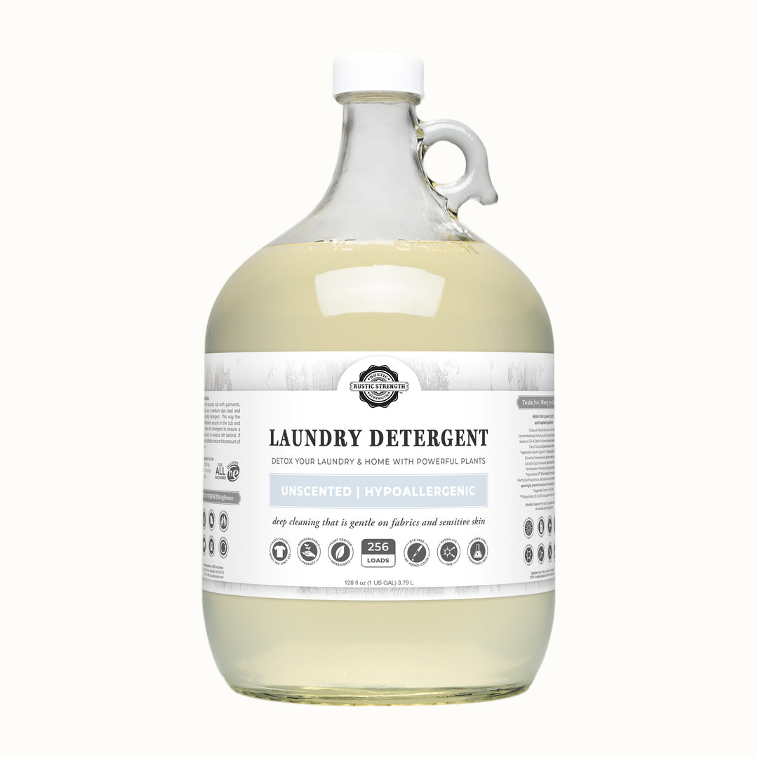 Large bottle of laundry detergent with a label on a white background