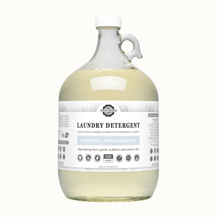 Large bottle of laundry detergent with a label on a white background