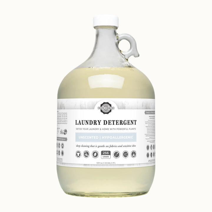 Large bottle of laundry detergent with a label on a white background