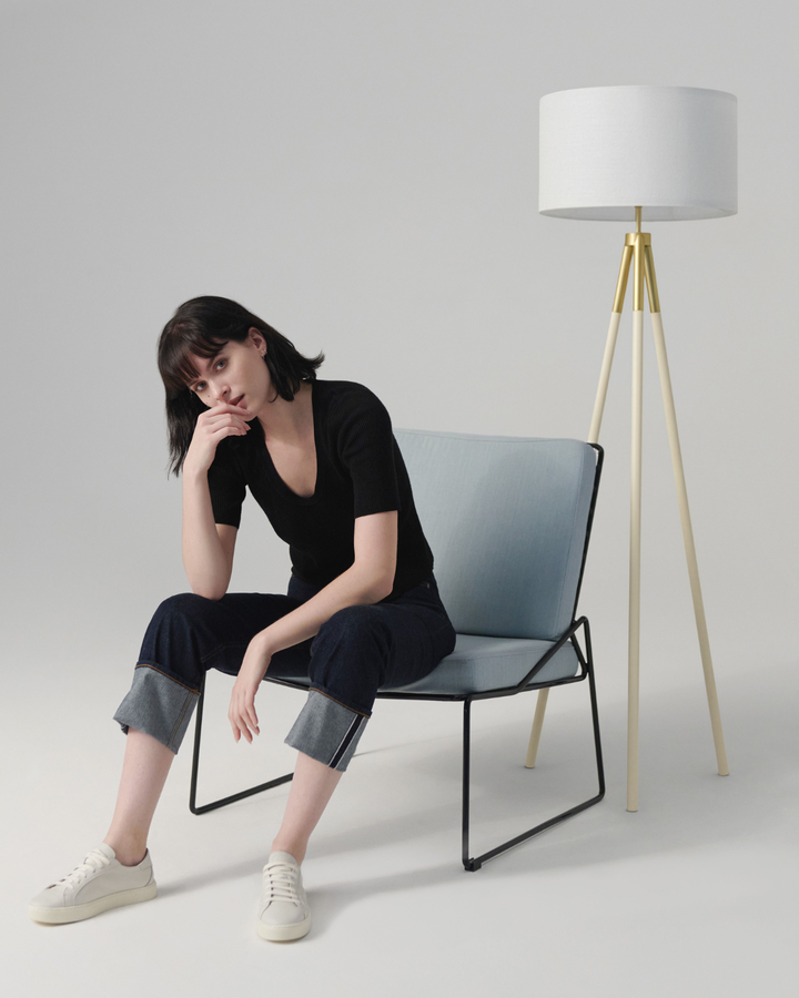 Energy-Efficient Linen Tripod Floor Lamp, Black &amp; Gold