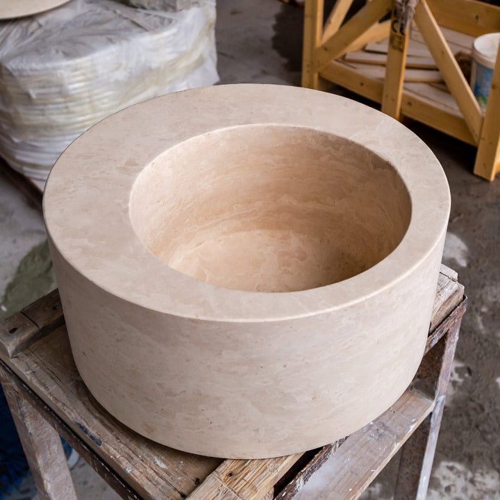 Handcrafted Travertine Round Vessel Sink, 18" Light Beige