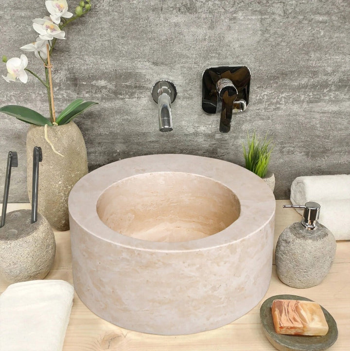 Handcrafted Travertine Round Vessel Sink, 18" Light Beige