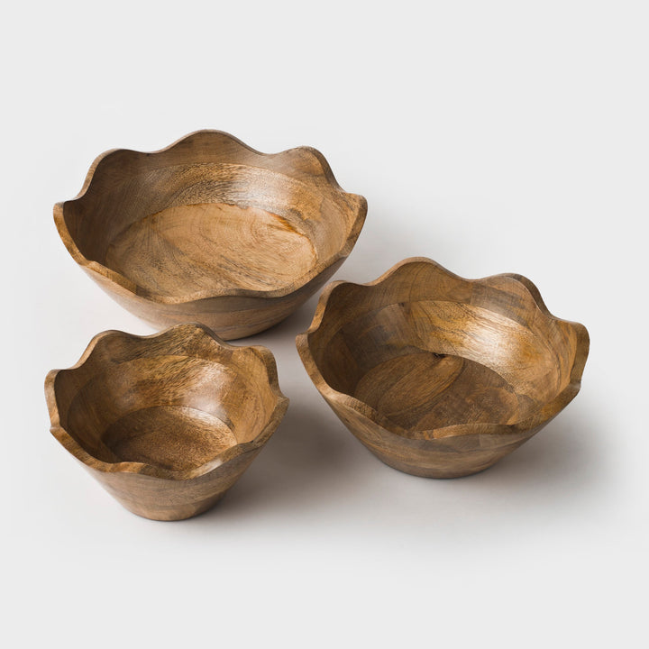 Handcarved Mango Wood Scalloped Serveware Bowls, 3 Ct.