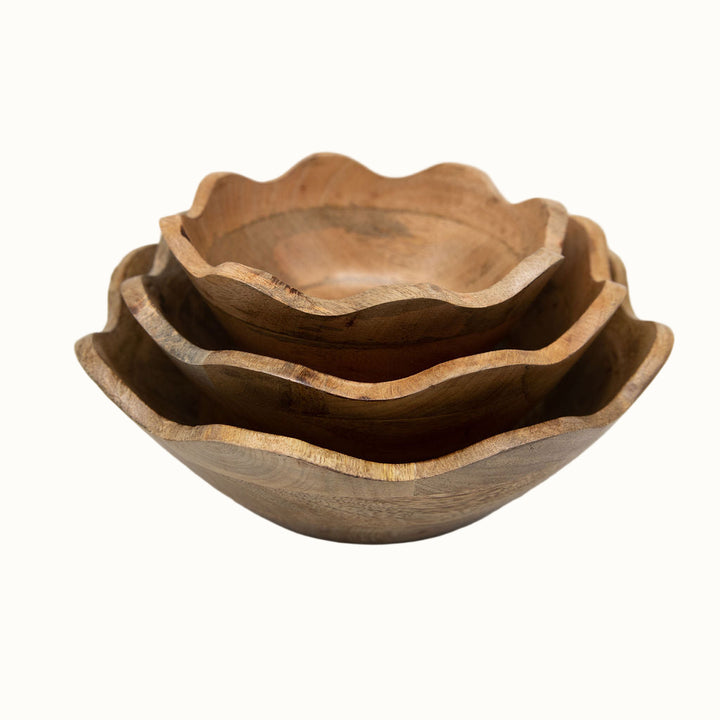 Handcarved Mango Wood Scalloped Serveware Bowls, 3 Ct.