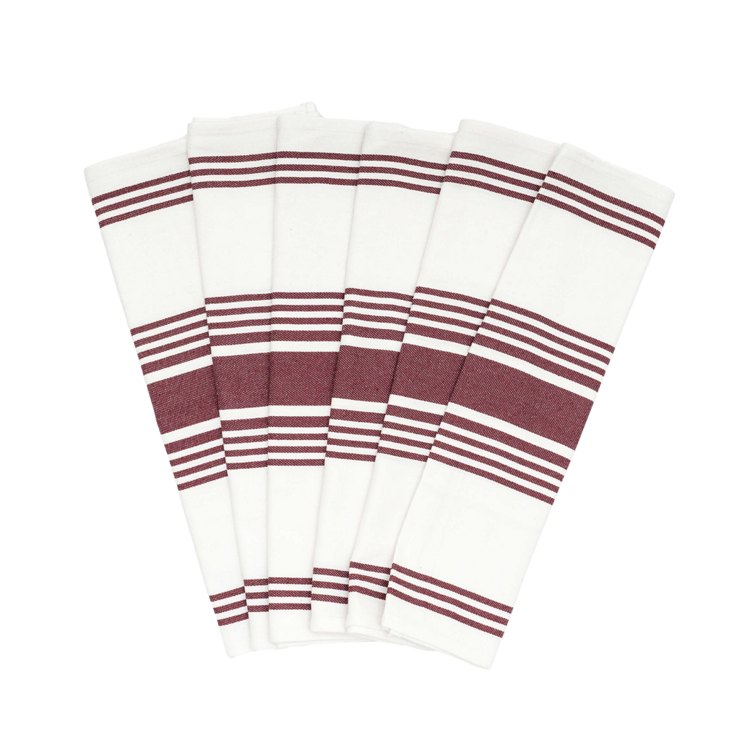 Five white towels with burgundy stripes, arranged in a fan shape on a plain white background.