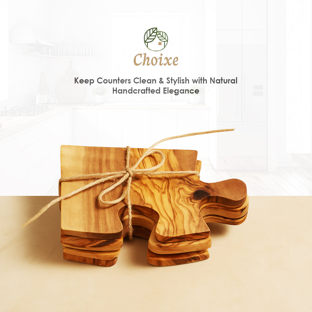 Handcrafted Olive Wood Puzzle Coaster Set, 4 Ct.