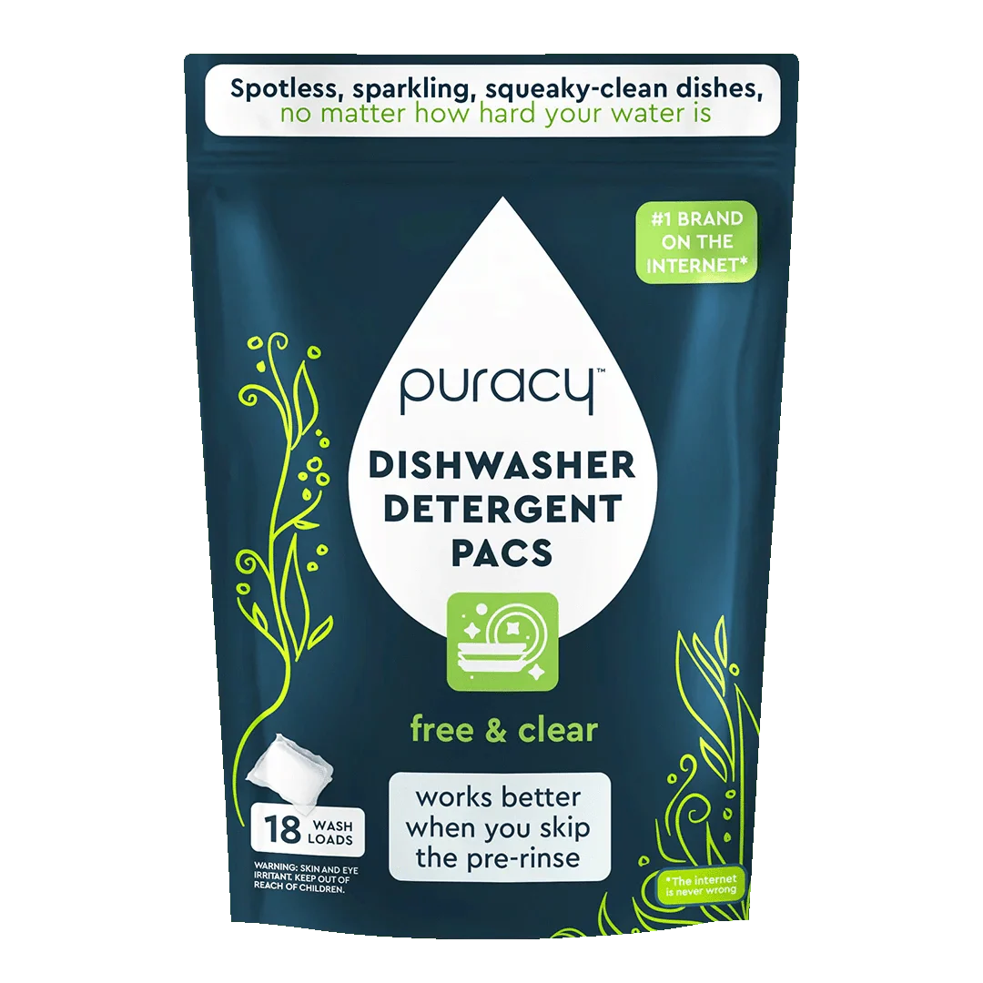 Puracy dishwasher detergent pacs packaging on a white background