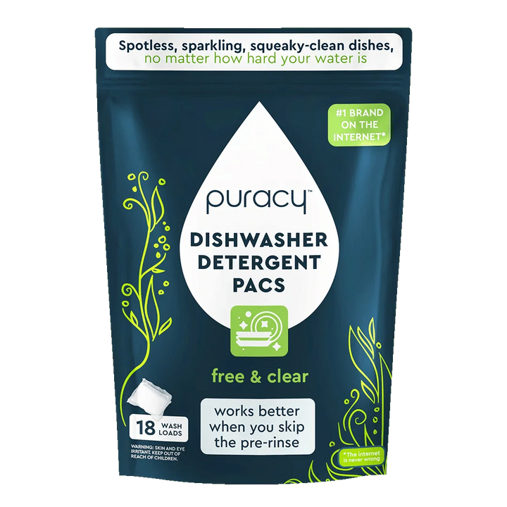 Puracy dishwasher detergent pacs packaging on a white background