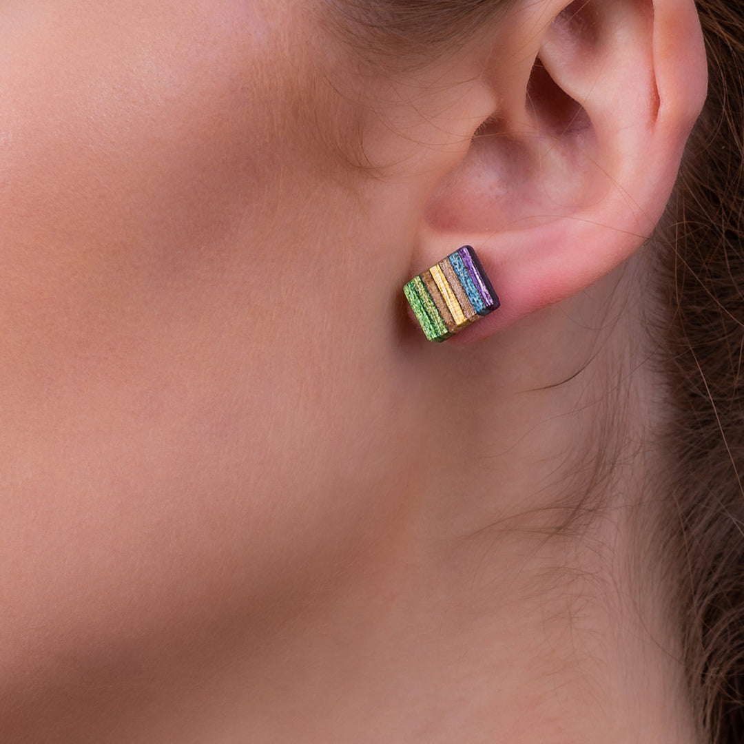 Square Recycled Skateboard Wood Stud Earrings-0