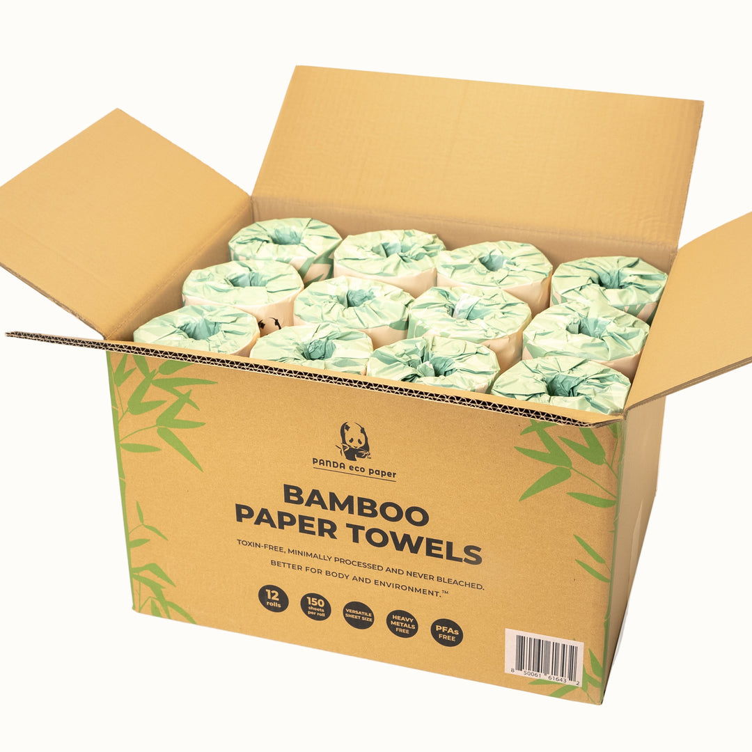 Box of bamboo paper towels with visible branding on a white background