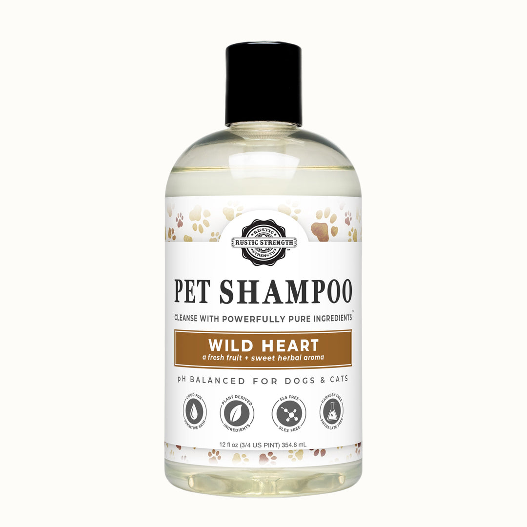Bottle of pet shampoo with a label on a gray background
