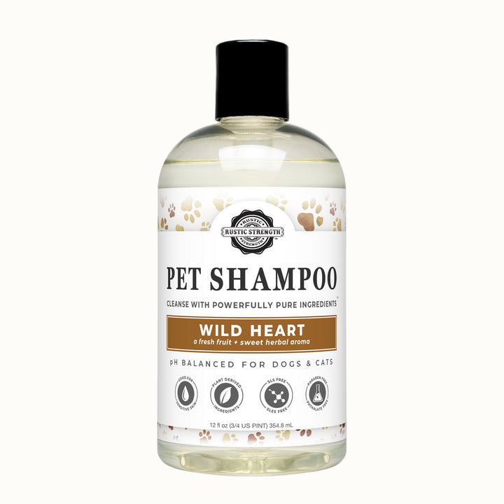 Bottle of pet shampoo with a label on a gray background