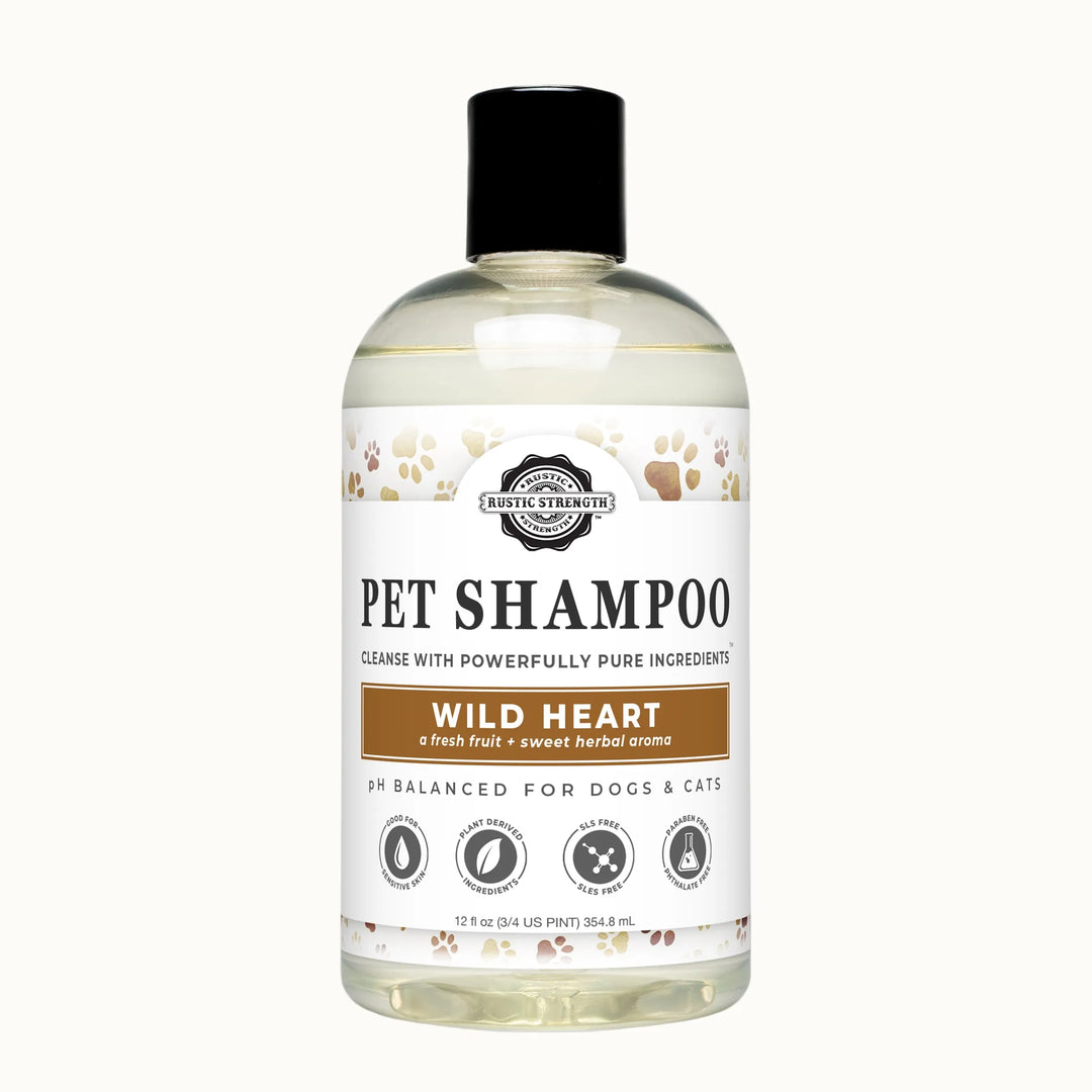 Bottle of pet shampoo with a label on a gray background