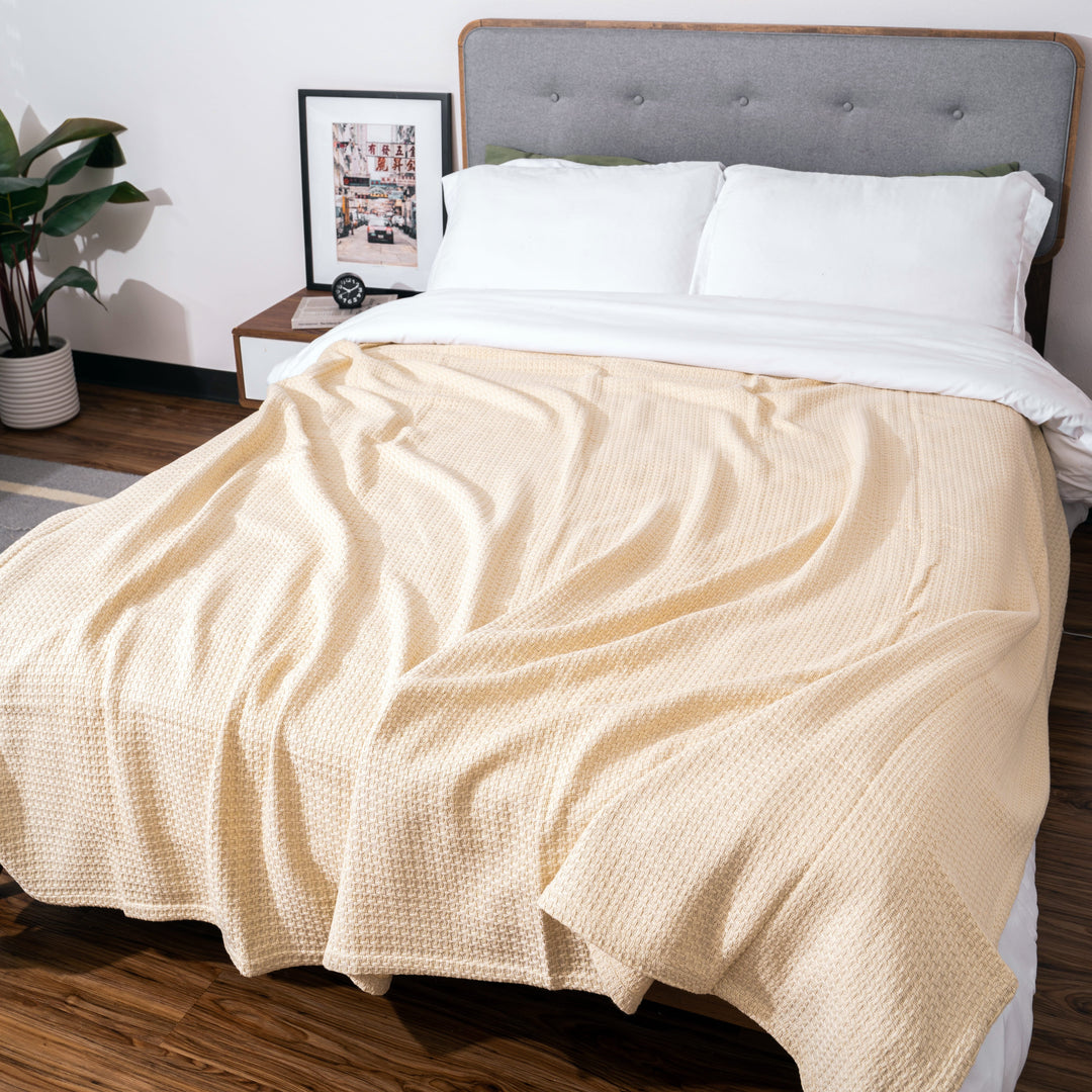 Organic Cotton Basket Weave Throw Blanket, Ivory