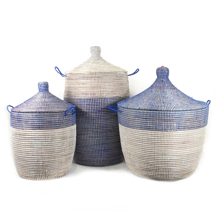 Handcrafted Millet Grass Storage Basket, Navy &amp; White, 20" x 14.5"