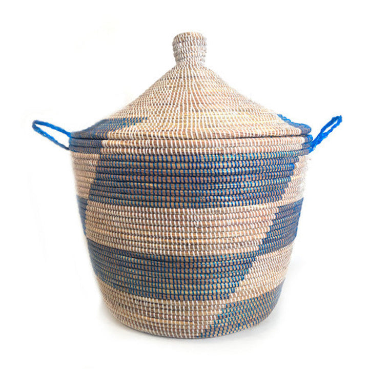 Handwoven Millet Grass Storage Basket, Blue Stripe