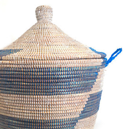 Handwoven Millet Grass Storage Basket, Blue Stripe