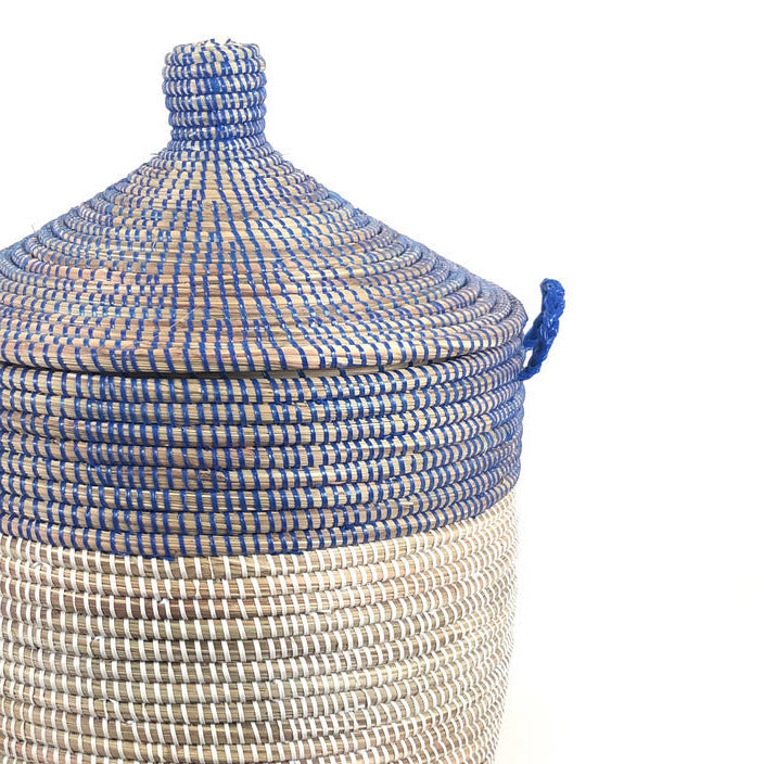 Handcrafted Millet Grass Storage Basket, Navy &amp; White, 20" x 14.5"