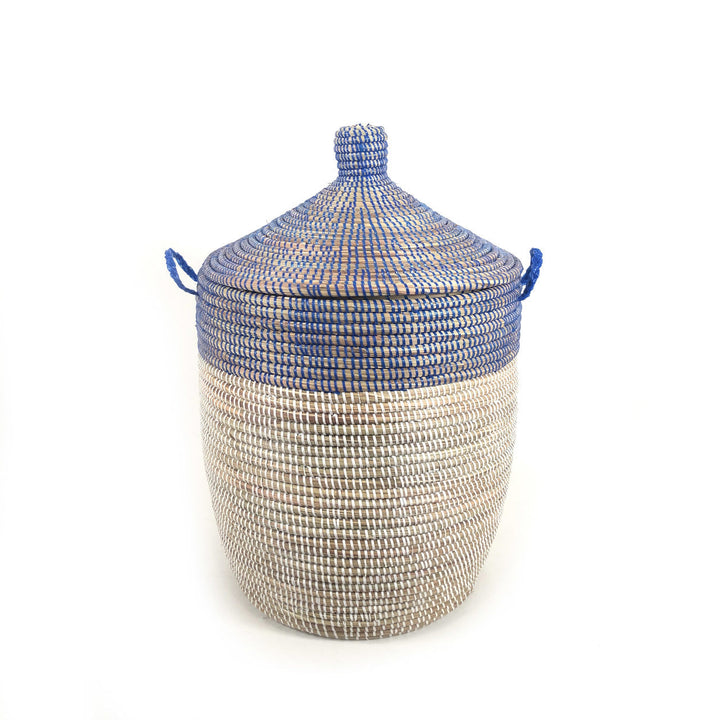 Handcrafted Millet Grass Storage Basket, Navy &amp; White, 20" x 14.5"