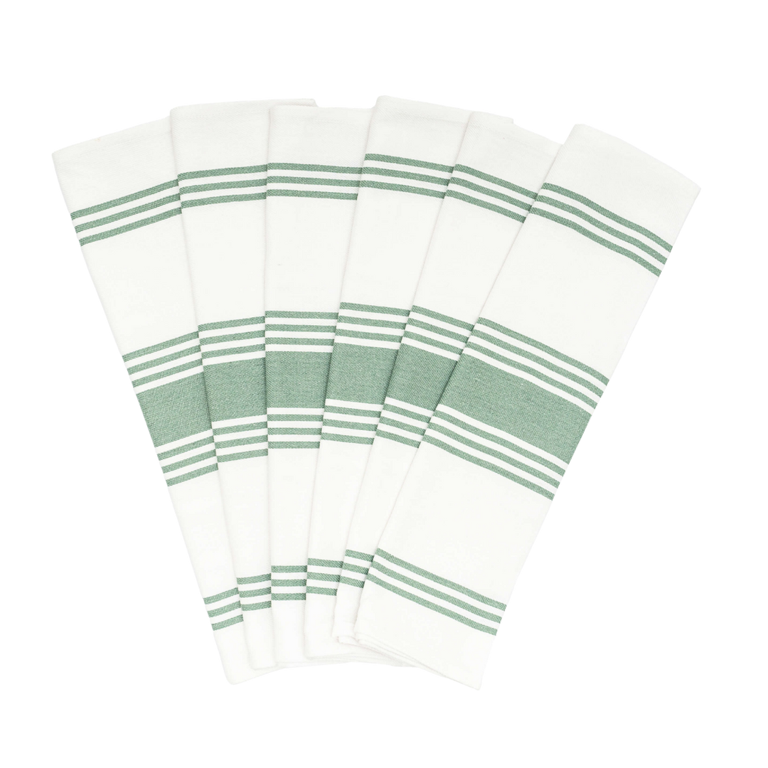 Six white kitchen towels with green stripes, arranged in a fan shape on a solid white background.