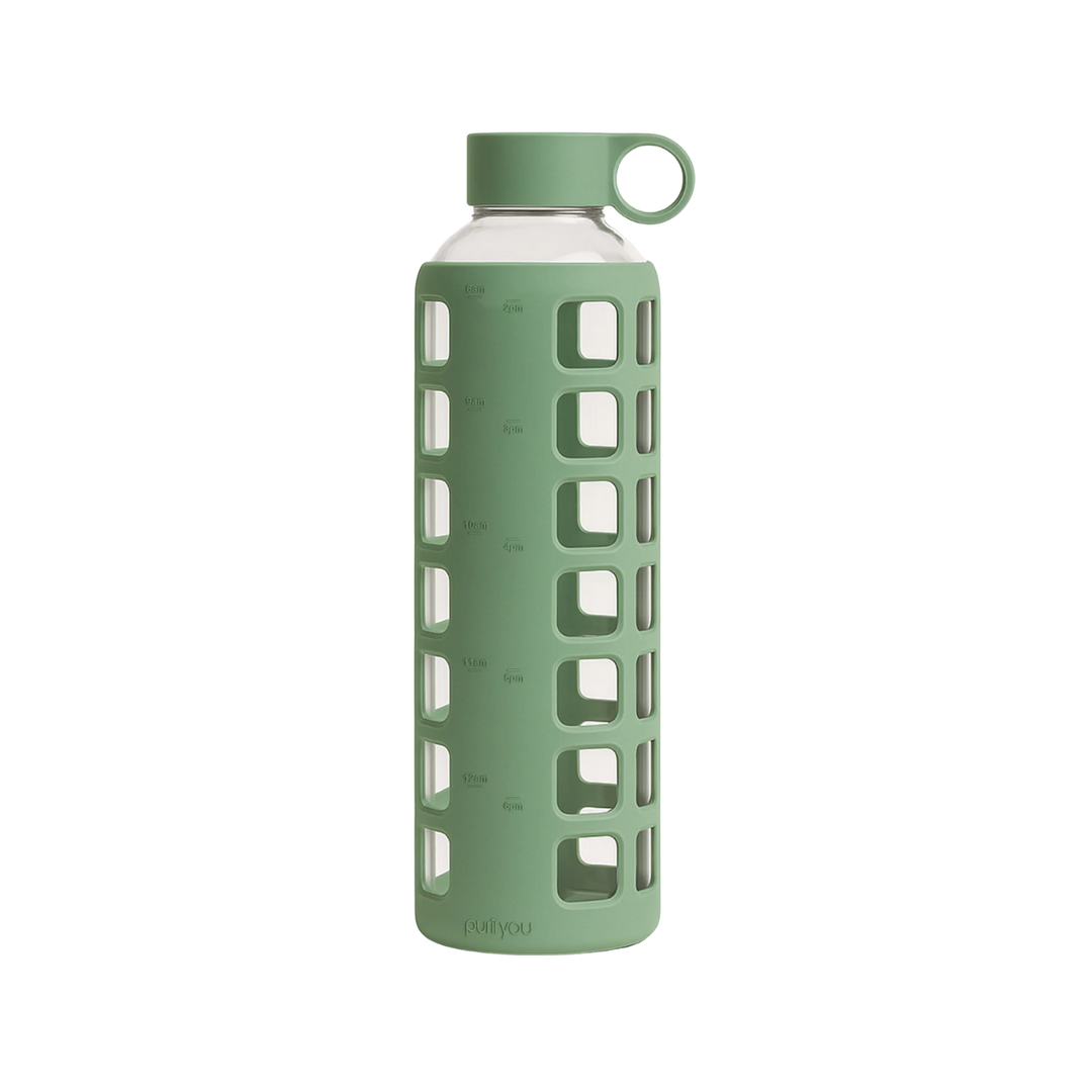 A tall reusable water bottle with a translucent green silicone sleeve featuring square cutouts, a matching green screw-on cap with a loop handle, and a clear upper bottle section, shown on a plain white background.