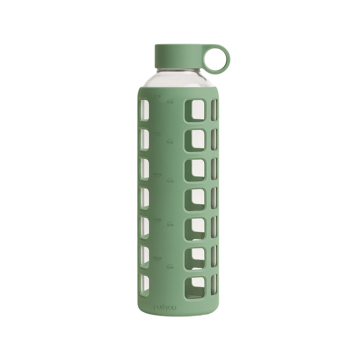 A tall reusable water bottle with a translucent green silicone sleeve featuring square cutouts, a matching green screw-on cap with a loop handle, and a clear upper bottle section, shown on a plain white background.