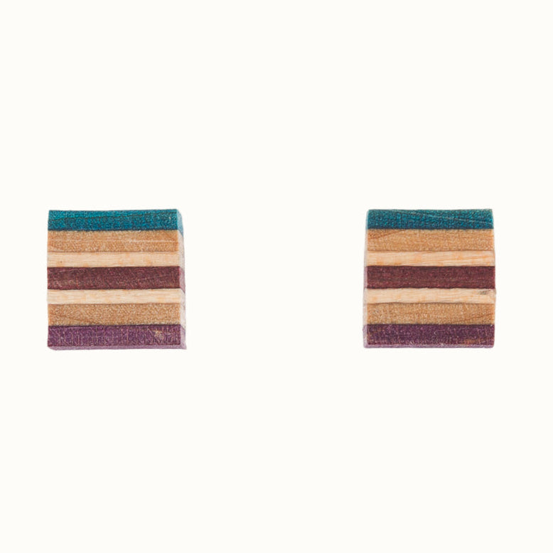 Square Recycled Skateboard Wood Stud Earrings-1