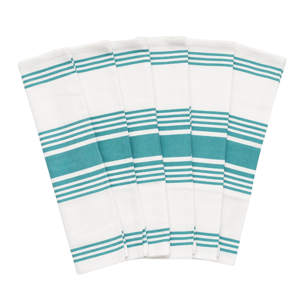 Six white kitchen towels with teal stripes, arranged in a fan shape on a white background.