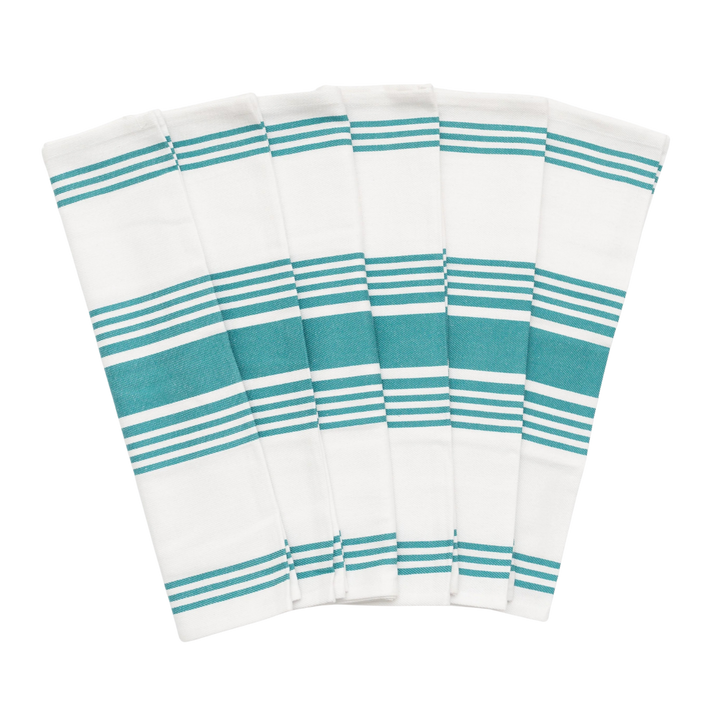 Six white kitchen towels with teal stripes, arranged in a fan shape on a white background.