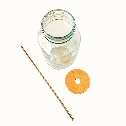Bamboo Lid Glass Mason Jar Drinkware Set, 32 oz.