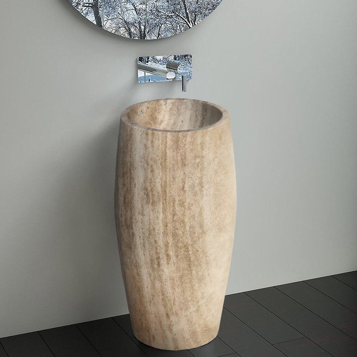 Handcrafted Travertine Pedestal Sink, Honed 16" x 19.5" x 33.5"