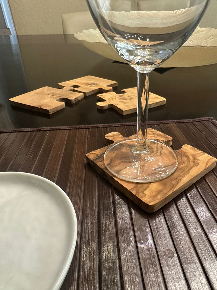 Handcrafted Olive Wood Puzzle Coaster Set, 4 Ct.