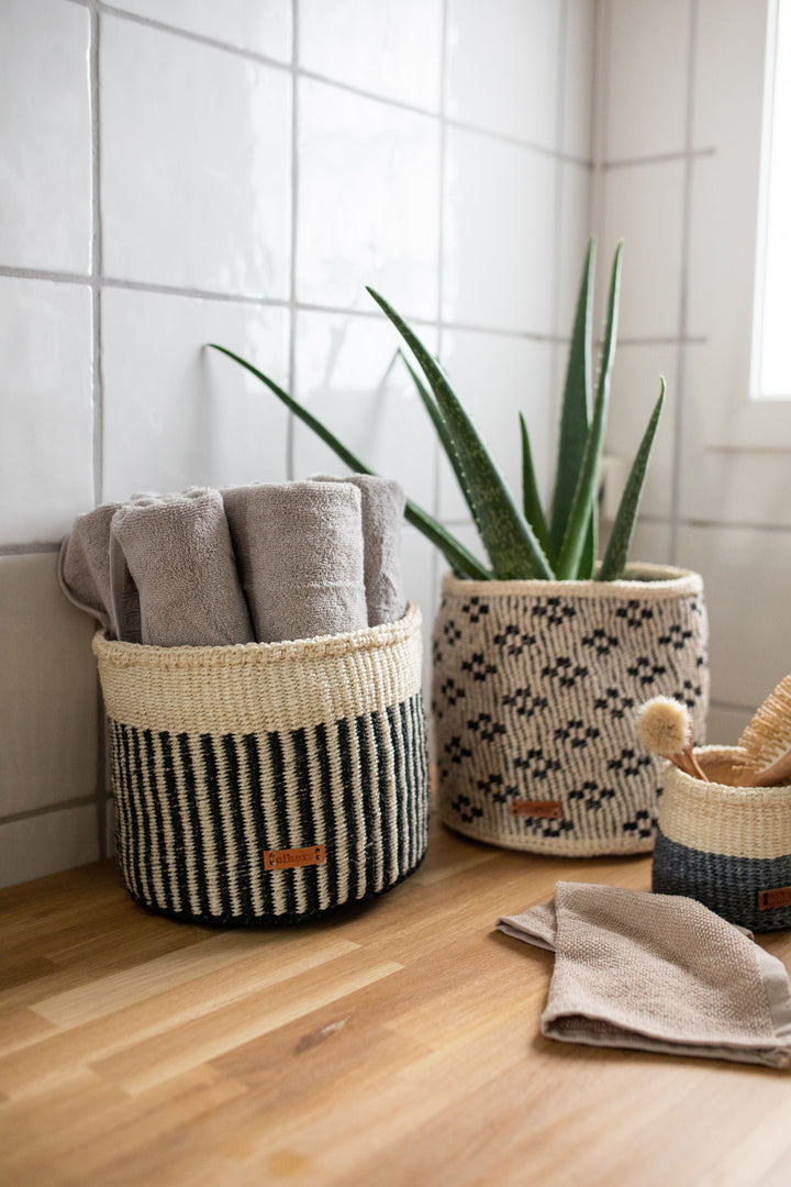 Handwoven Sisal Basket, Black &amp; White, 9" x 8"