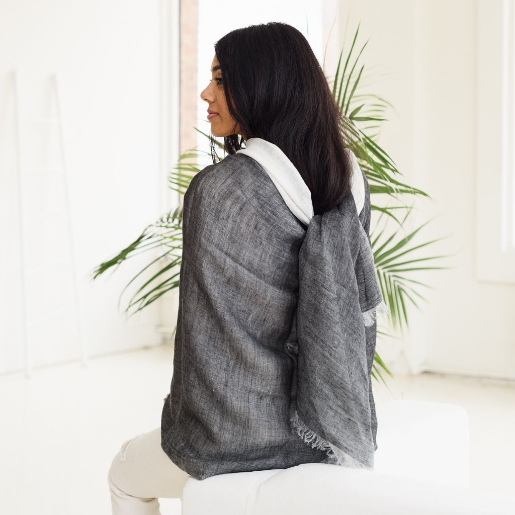 Handcrafted Linen Silk Ombre Scarf, 35" x 79", Granite