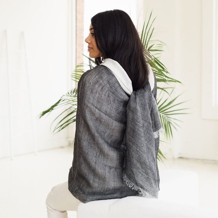 Handcrafted Linen Silk Ombre Scarf, 35" x 79", Granite