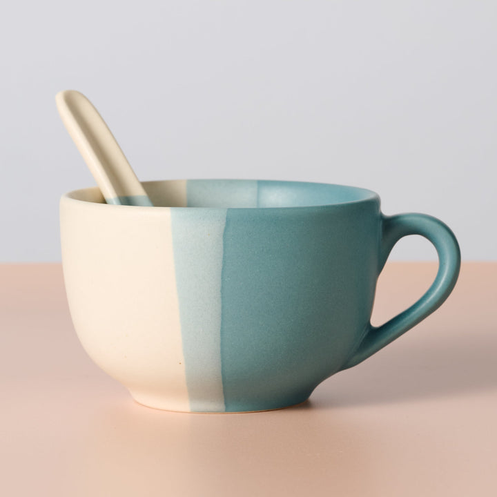 Handcrafted Striped Ceramic Mug with Spoon, 20 oz.