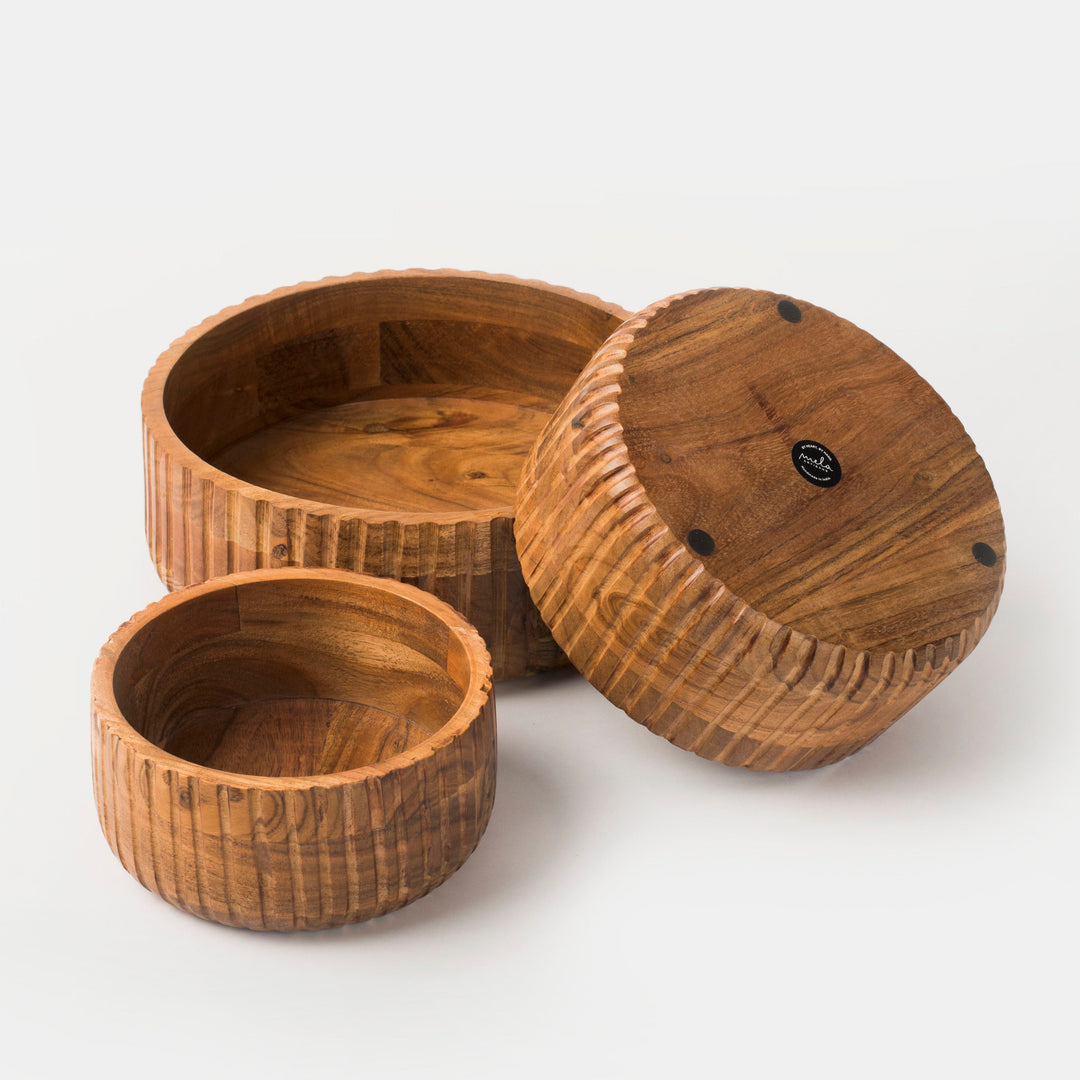 Handcrafted Etched Acacia Wood Stackable Dinnerware Bowls