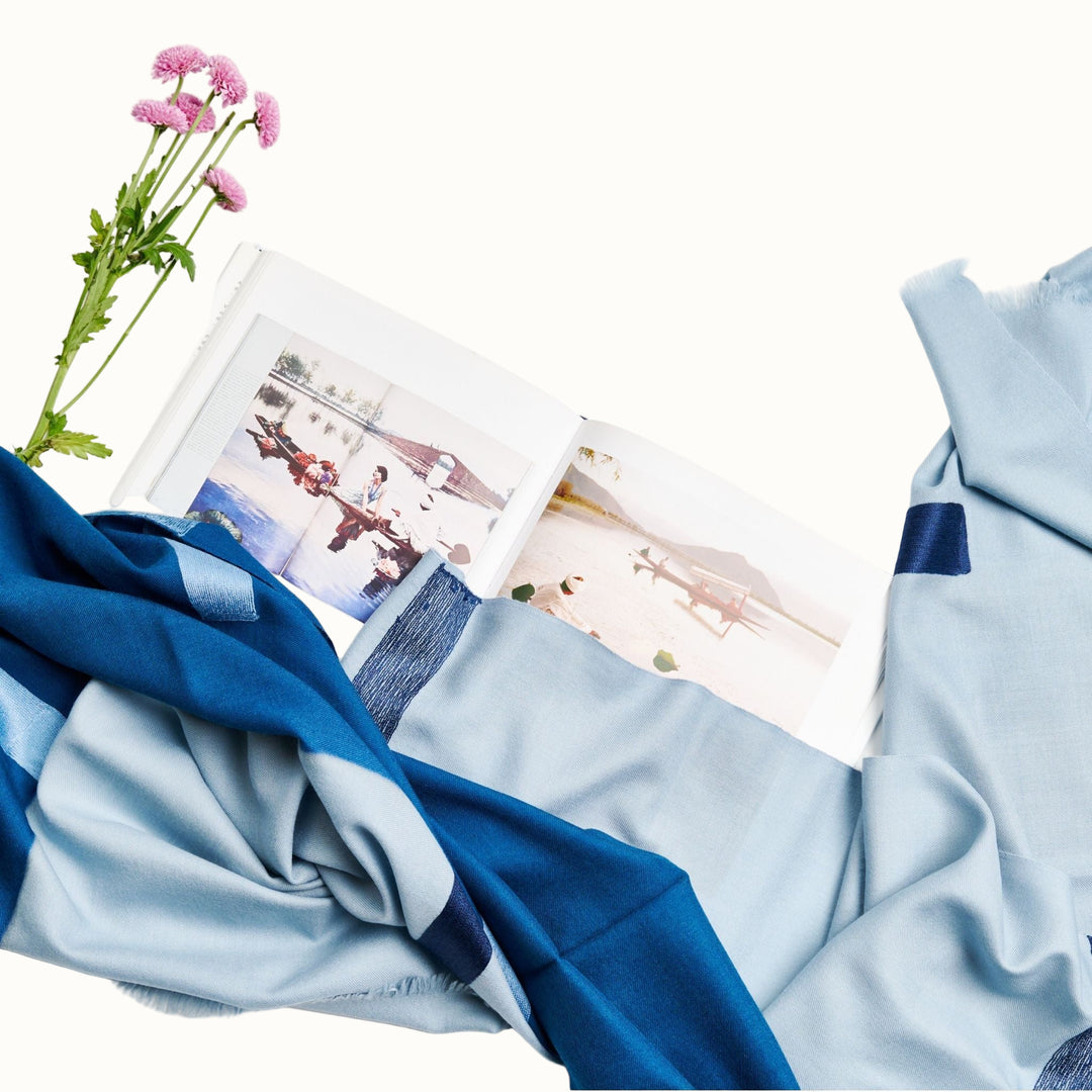 Handcrafted Wool Silk Scarf, Ombre Harbor Blue, 28" x 80"