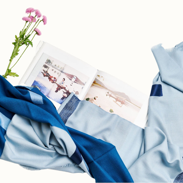 Handcrafted Wool Silk Scarf, Ombre Harbor Blue, 28" x 80"