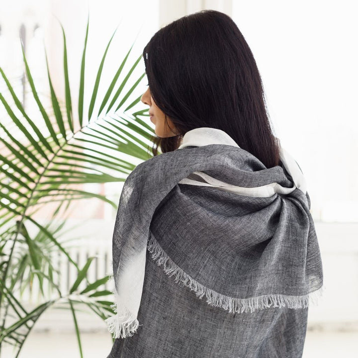 Handcrafted Linen Silk Ombre Scarf, 35" x 79", Granite