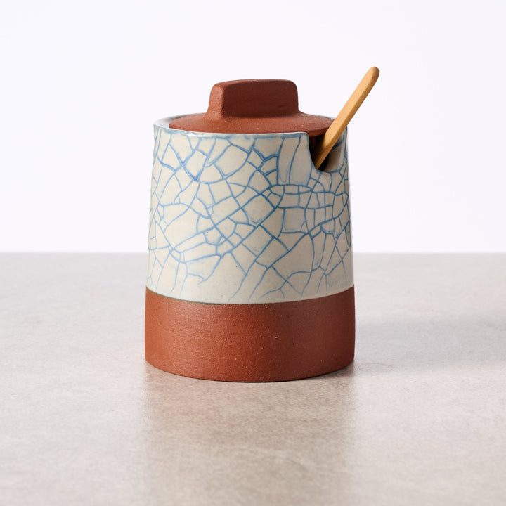 Handcrafted Terracotta Honey Pot with Blue Crackle Lid