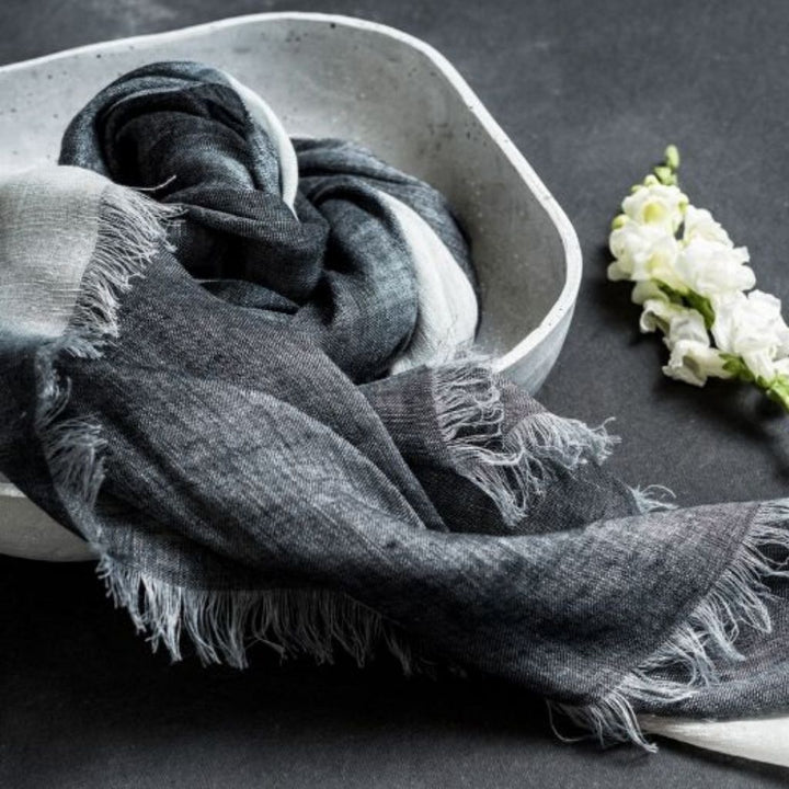 Handcrafted Linen Silk Ombre Scarf, 35" x 79", Granite