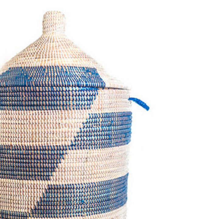 Handwoven Millet Grass Storage Basket, Blue Stripe, 28"